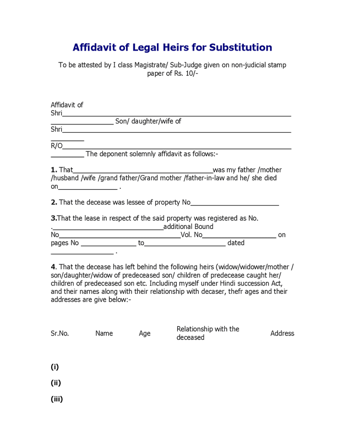 Affidavit Of Legal Heirs For Substitution India In Word And Pdf Formats