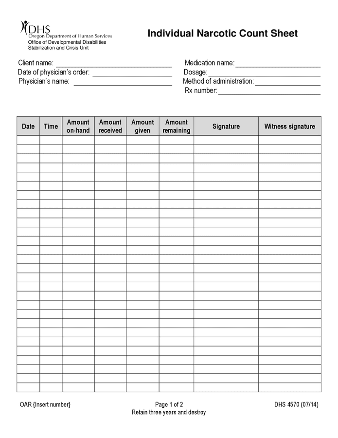 Individual narcotic count sheet in Word and Pdf formats