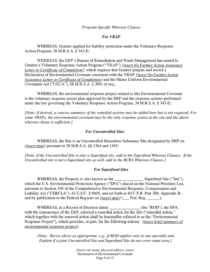 Declaration Of Environmental Covenant (maine) In Word And Pdf Formats 