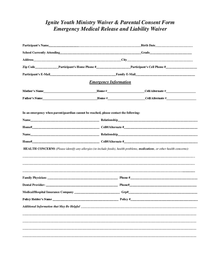Sample waiver & parental consent form in Word and Pdf formats