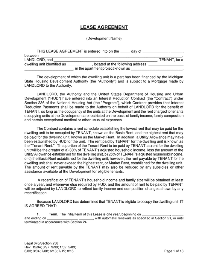 Lease agreement (Michigan) in Word and Pdf formats