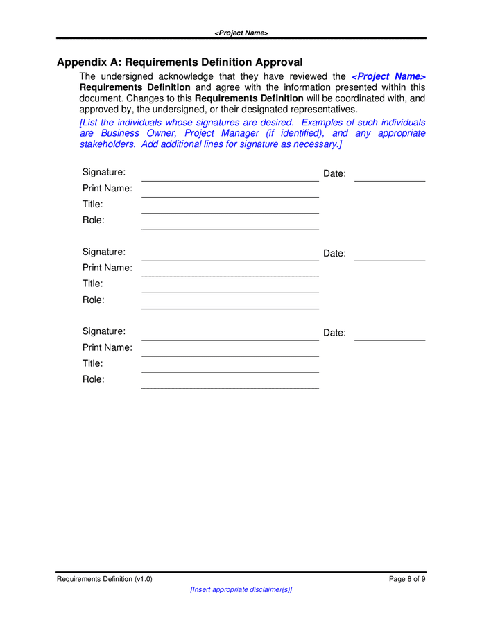 Project requirements definition template in Word and Pdf formats page