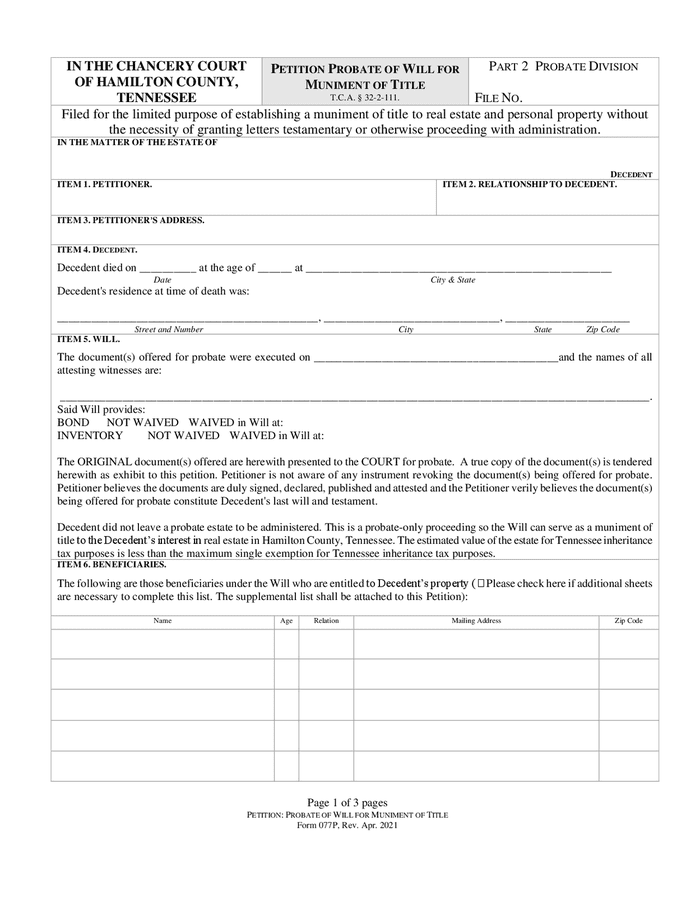 Petition probate of will for muniment of title (Tennessee) in Word and