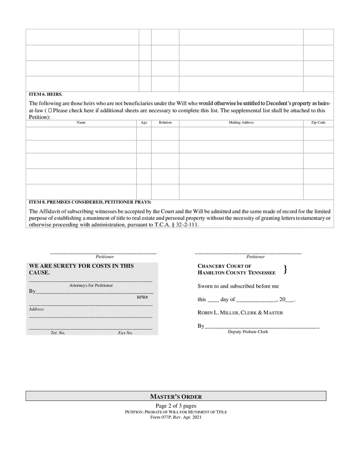 Petition probate of will for muniment of title (Tennessee) in Word and ...