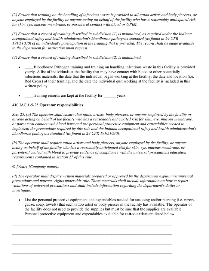 Tattoo and body piercing model policy template in Word and Pdf formats page 2 of 15