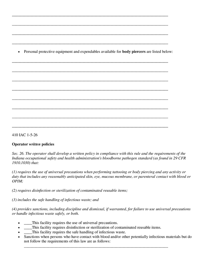 Tattoo and body piercing model policy template in Word and Pdf formats