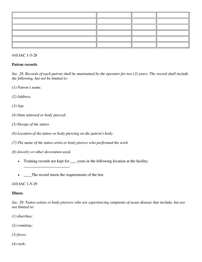 Tattoo and body piercing model policy template in Word and Pdf formats