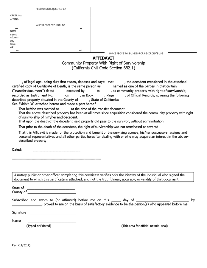 Affidavit - Community Property With Right Of Survivorship (california 