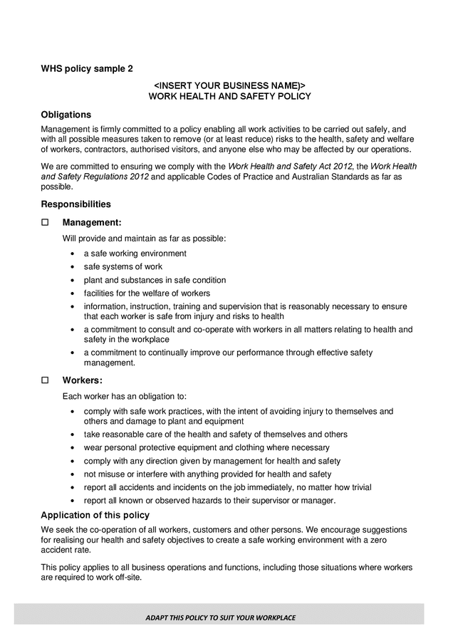 Work health and safety (WHS) policy in Word and Pdf formats page 2 of 3