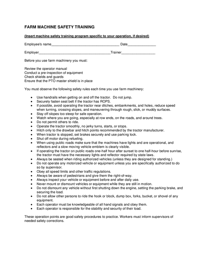 Farm safety handbook in Word and Pdf formats page 6 of 13