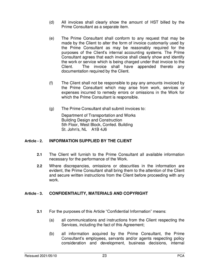 Standard form of agreement between client and prime consultant (Canada ...