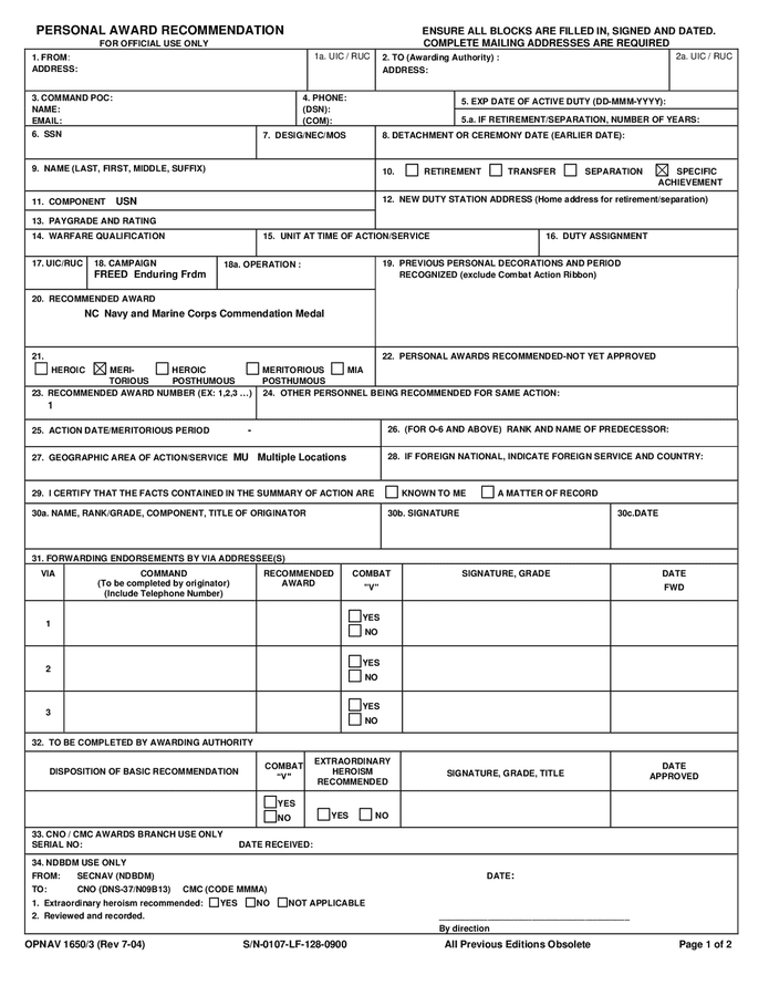 Personal award recommendation form (US navy) in Word and Pdf formats