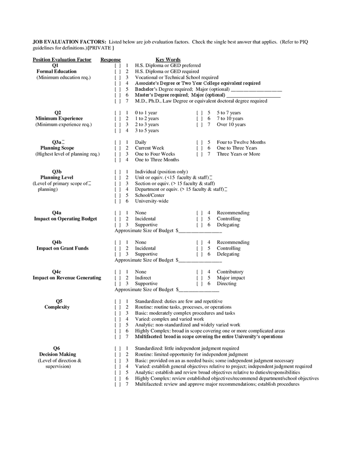 University position information questionnaire short form sample in Word