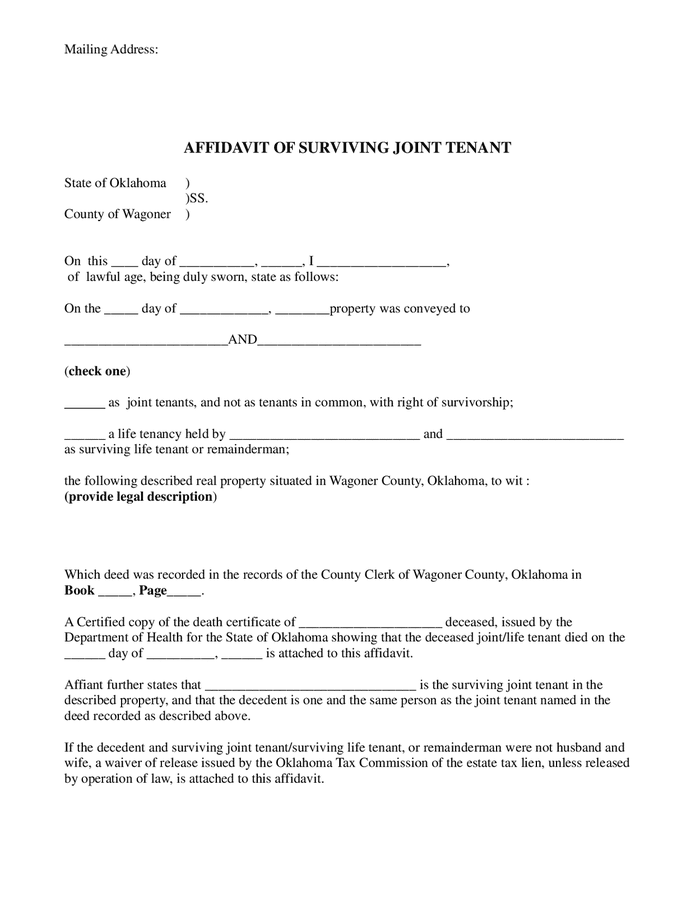 Affidavit Of Surviving Joint Tenant Oklahoma In Word And Pdf Formats 8271