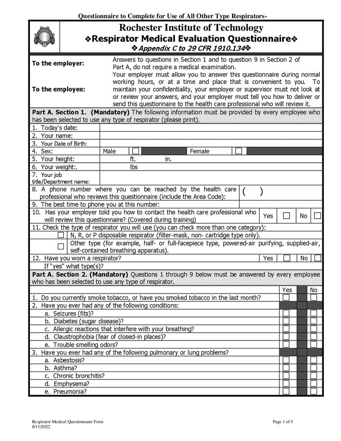 Respirator medical evaluation questionnaire in Word and Pdf formats
