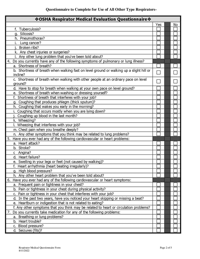 Respirator Medical Evaluation Questionnaire In Word And Pdf Formats Page Of