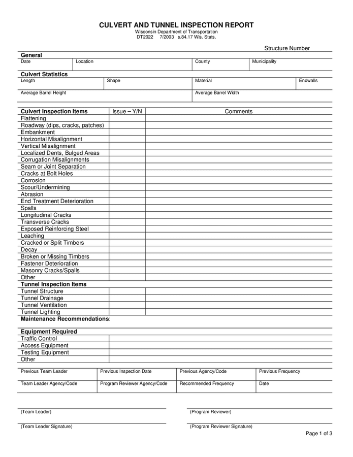 Culvert and tunnel inspection report template (Wisconsin) in Word and ...