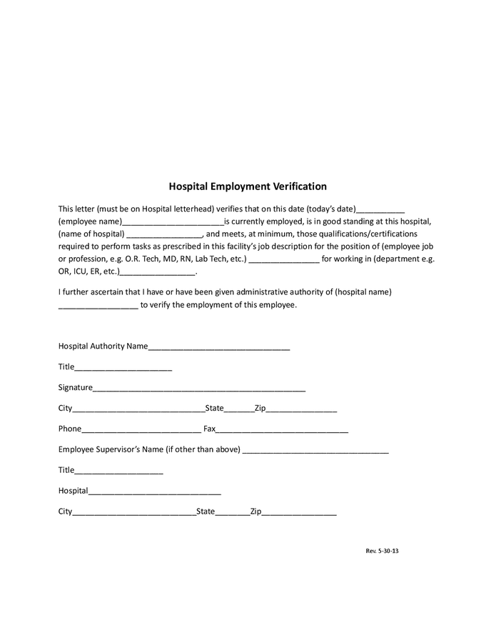 Hospital employment verification sample letter in Word and Pdf formats