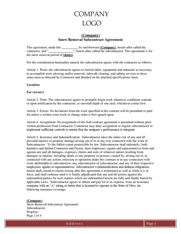 Snow removal subcontract agreement (Ohio) in Word and Pdf formats