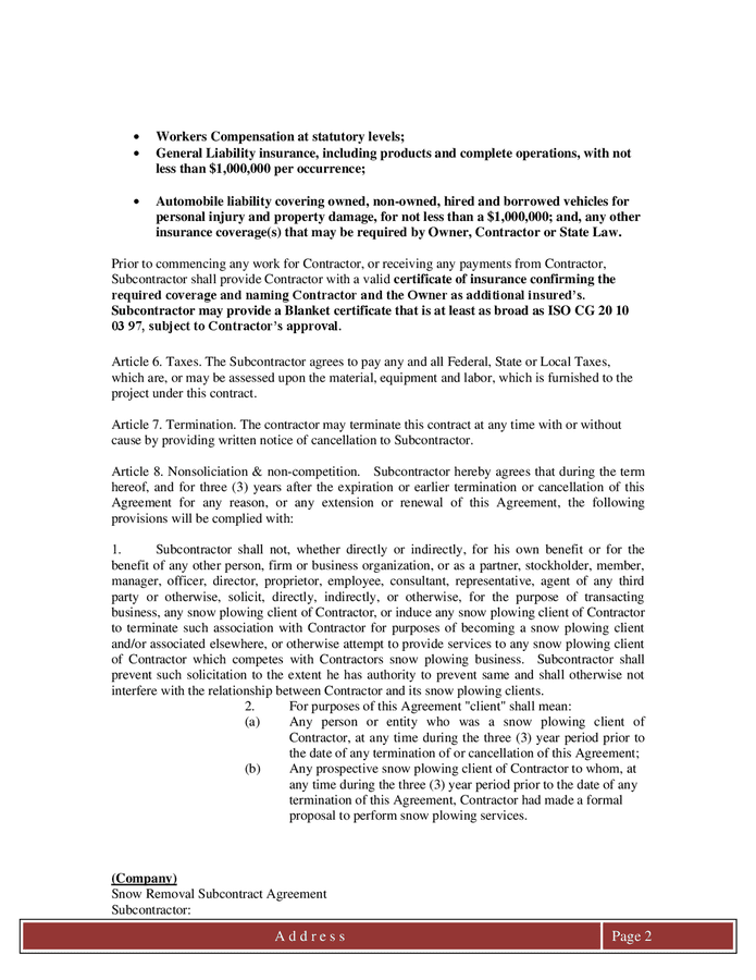 Snow removal subcontract agreement (Ohio) in Word and Pdf formats