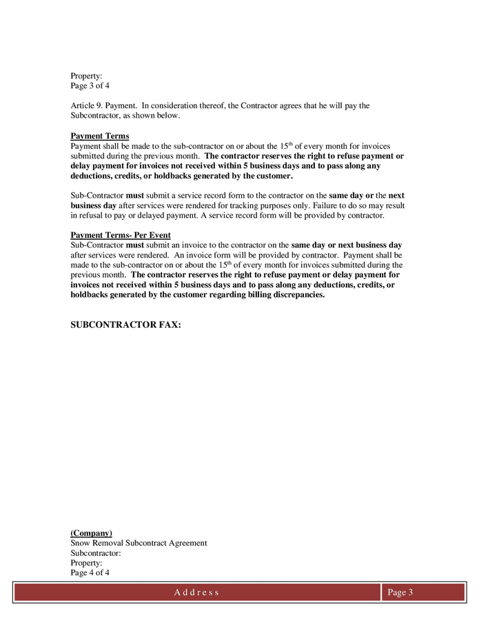 Snow removal subcontract agreement (Ohio) in Word and Pdf formats