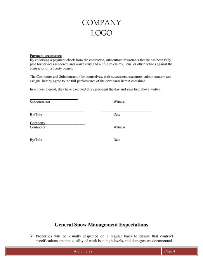 Snow removal subcontract agreement (Ohio) in Word and Pdf formats