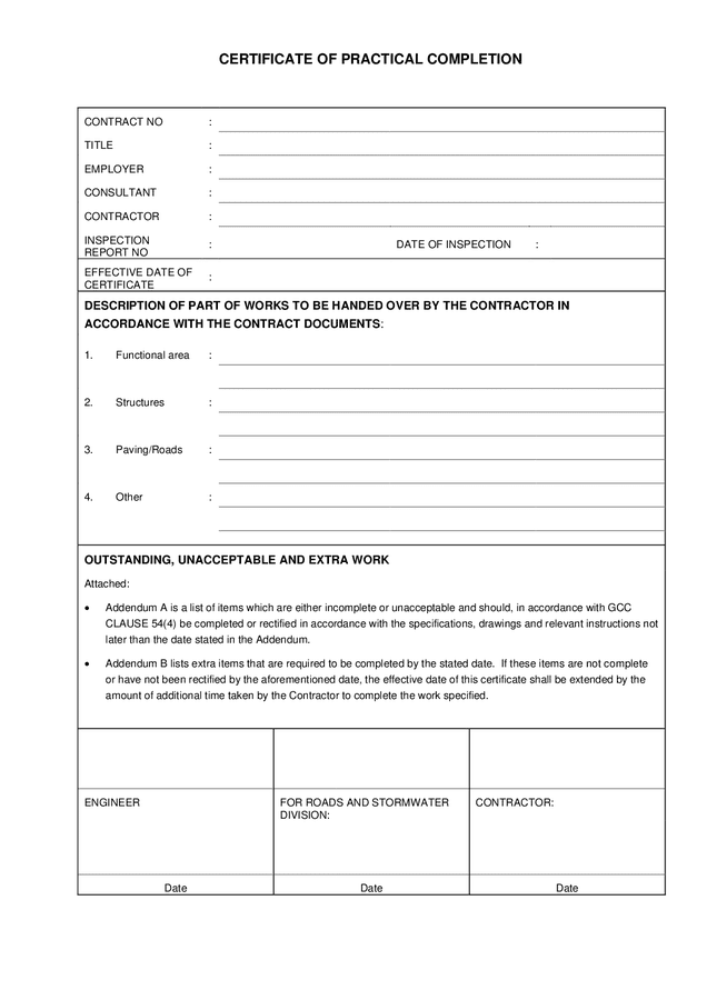 Contractor Certificate Of Practical Completion In Word And Pdf Formats