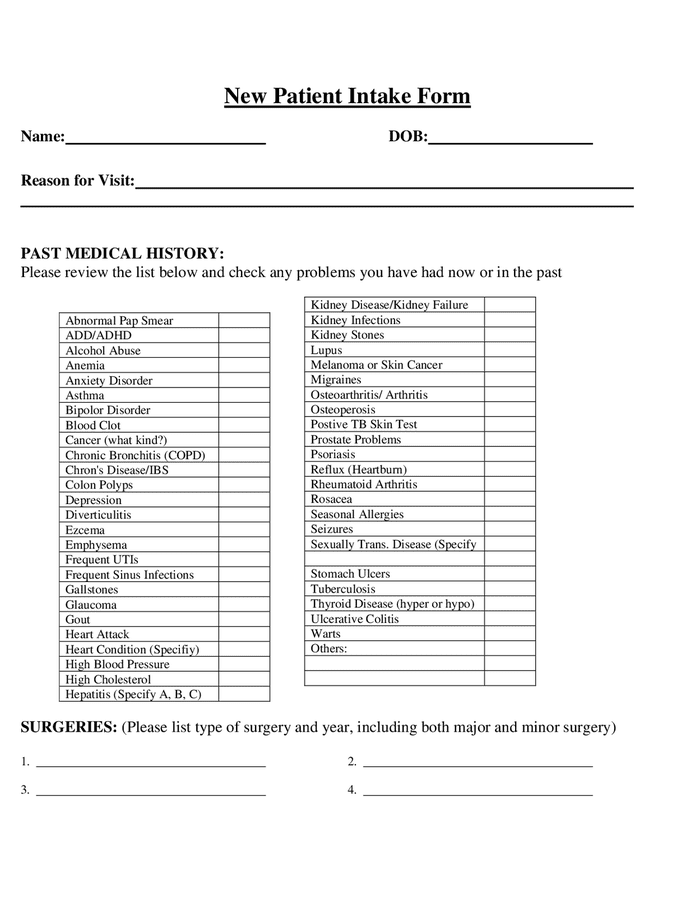 New Patient Intake Form In Word And Pdf Formats 3294