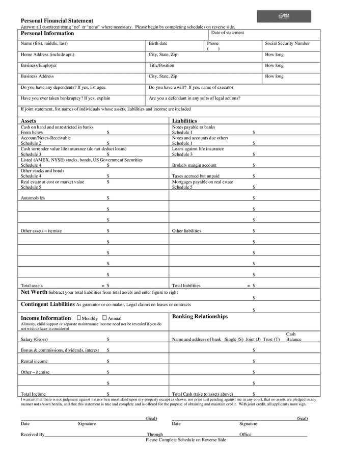 Personal financial statement for the bank in Word and Pdf formats