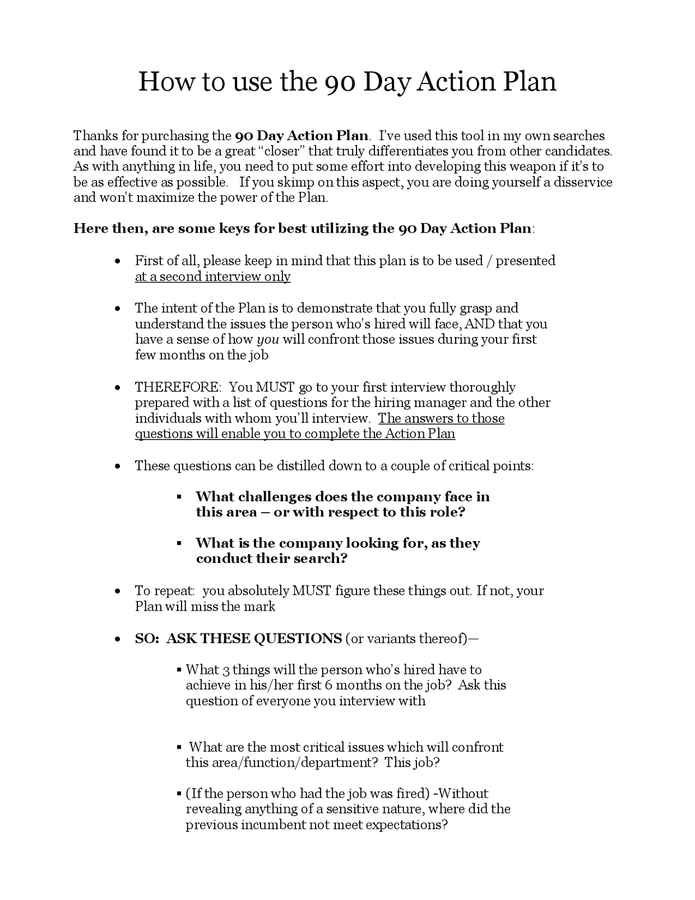 90 day action plan template in Word and Pdf formats - page 5 of 9