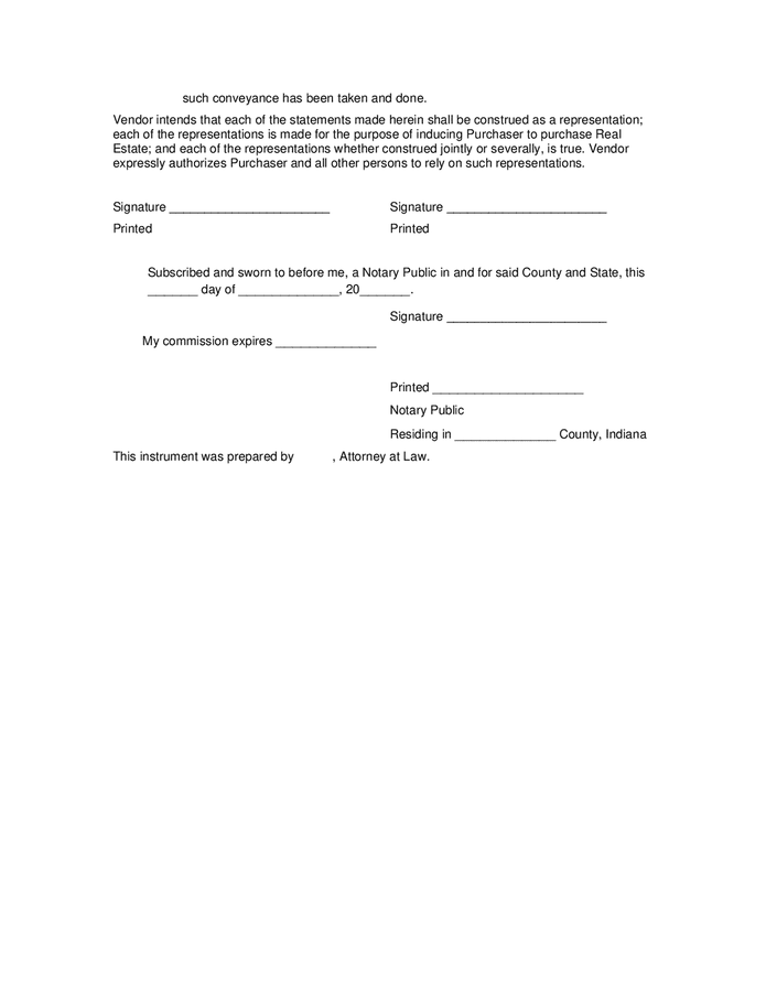 Vendors' affidavit (Indiana) in Word and Pdf formats - page 2 of 2