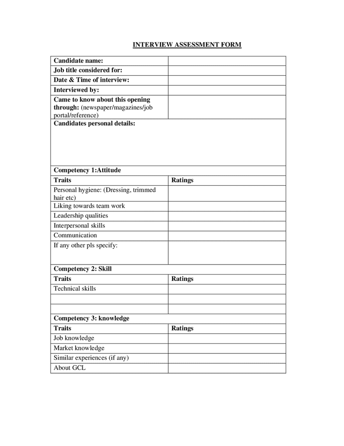 Interview Assessment Form In Word And Pdf Formats 4254