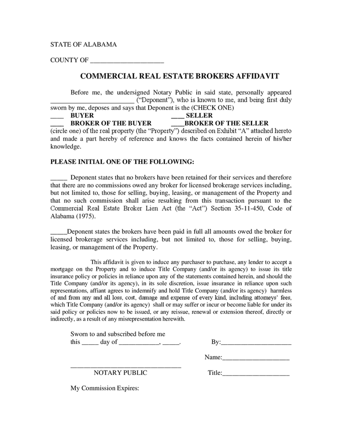 Commercial Real Estate Brokers Affidavit (Alabama) In Word And Pdf Formats