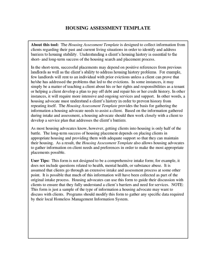Housing assessment template in Word and Pdf formats