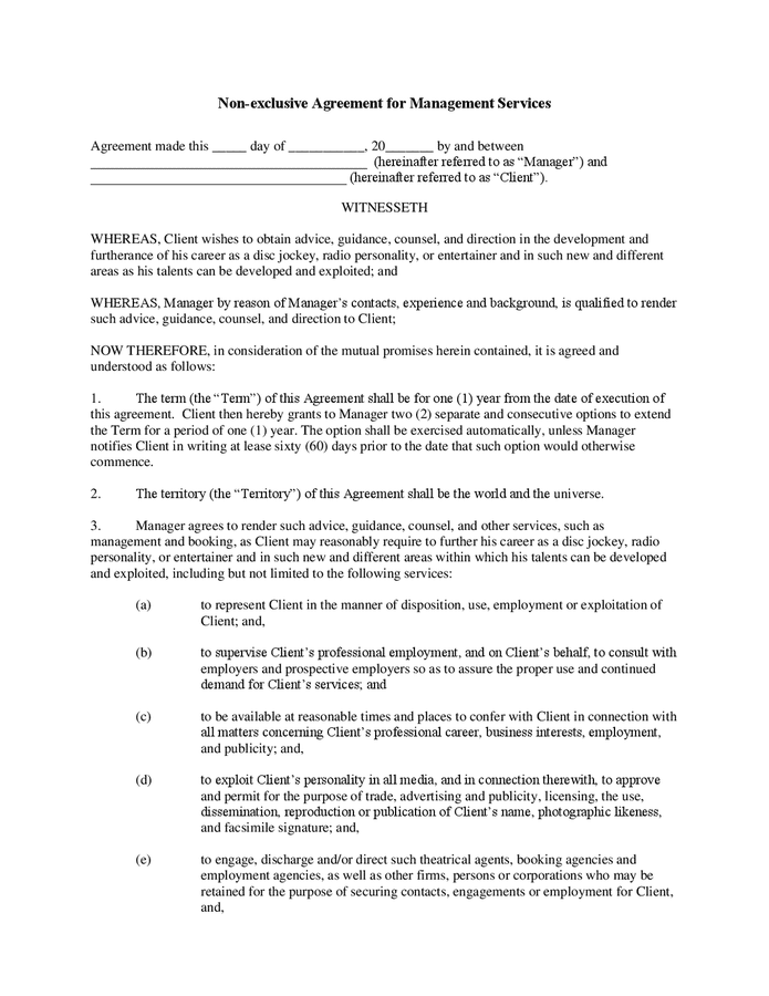 Nonexclusive agreement for management services in Word and