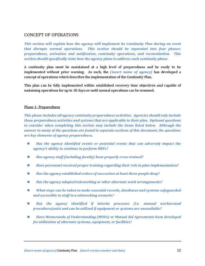 Continuity plan template for institutions of higher education in Word