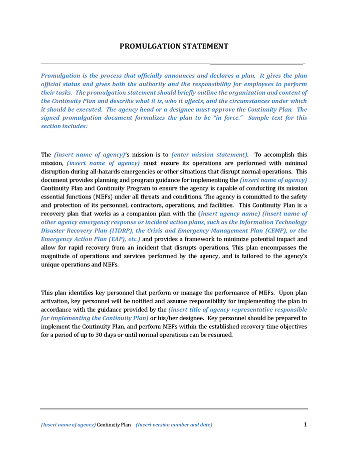 Continuity plan template for institutions of higher education in Word