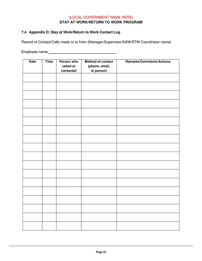 Stay at work / return to work plan template in Word and Pdf formats ...