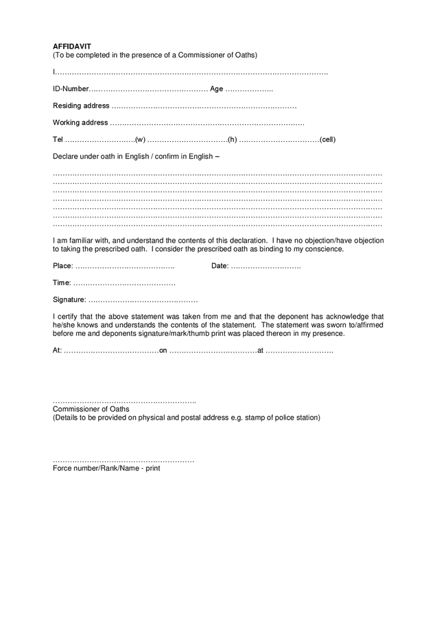 Affidavit template (South Africa) in Word and Pdf formats