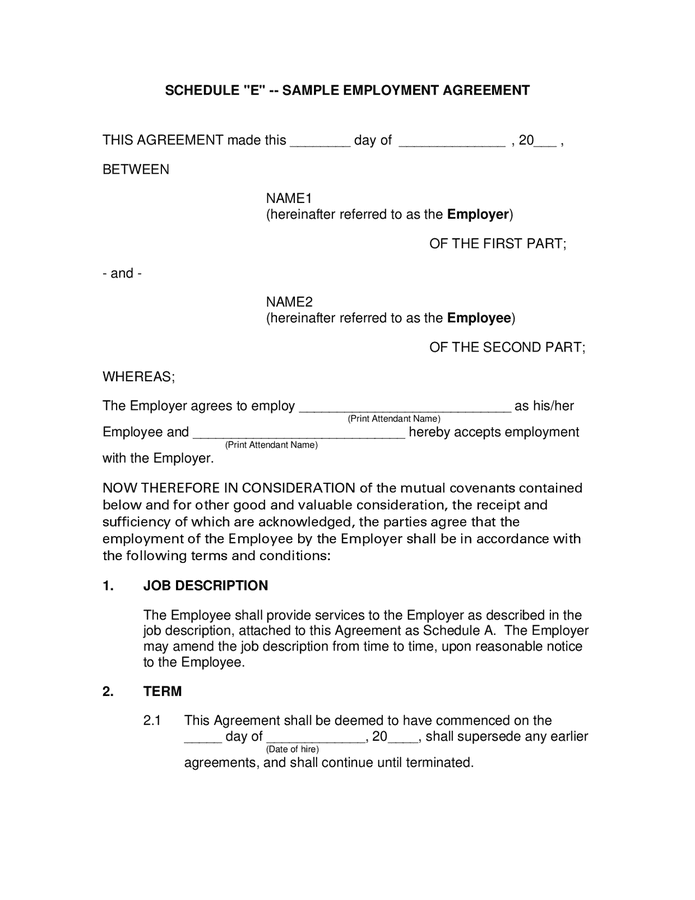 Sample employment agreement in Word and Pdf formats