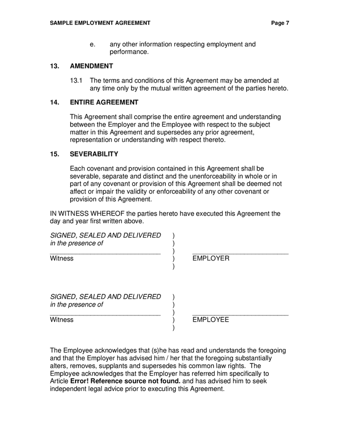 Sample employment agreement in Word and Pdf formats - page 7 of 10