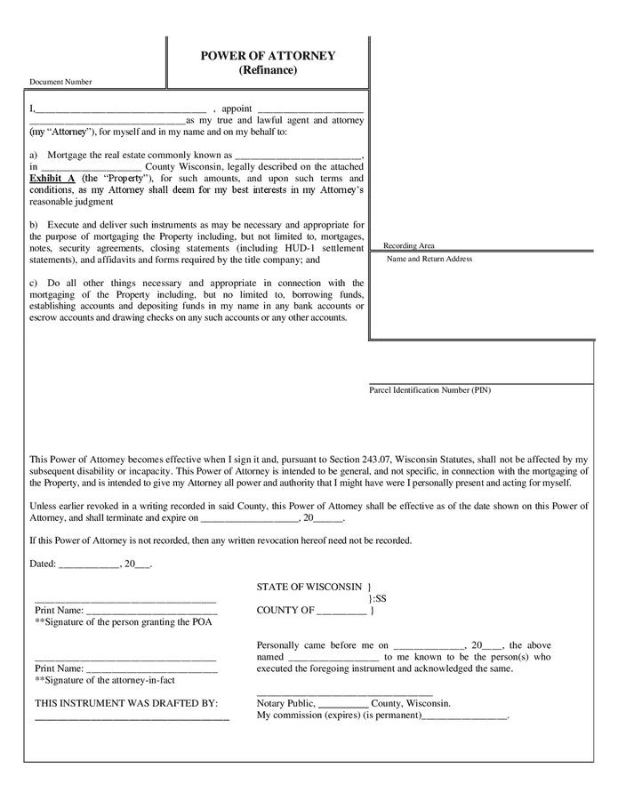 Power of attorney form refinance (Wisconsin) in Word and Pdf formats