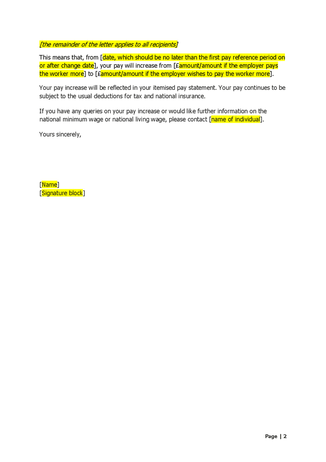 Minimum wage increase letter in Word and Pdf formats page 2 of 2