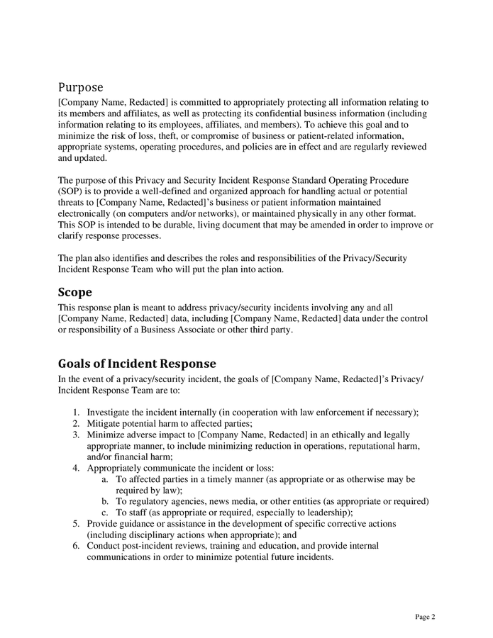Incident response plan template in Word and Pdf formats - page 2 of 22