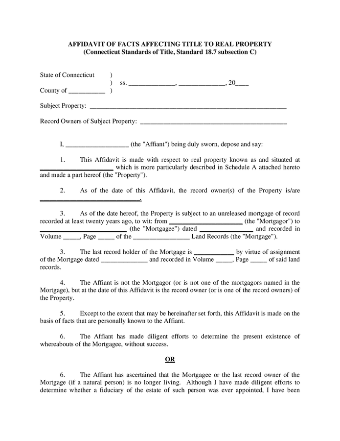 Affidavit of facts affecting title to real property (Connecticut) in ...