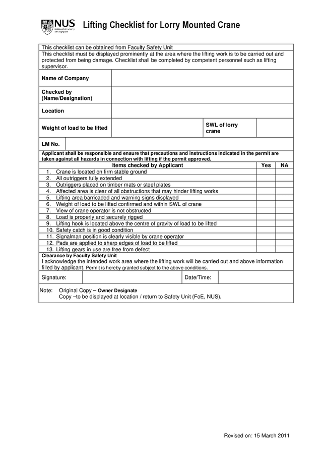 Lifting checklist for lorry mounted crane in Word and Pdf formats