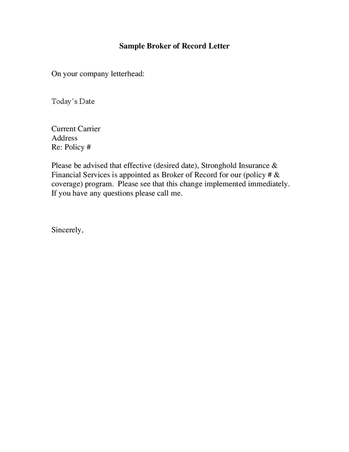 Sample Broker Of Record Letter In Word And Pdf Formats