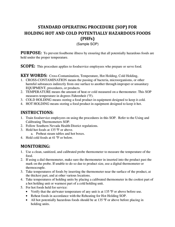 SOP for holding hot and cold potentially hazardous foods in Word and