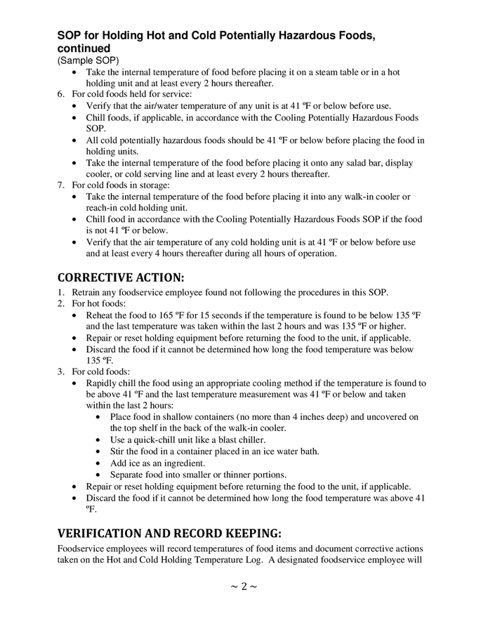 SOP for holding hot and cold potentially hazardous foods in Word and