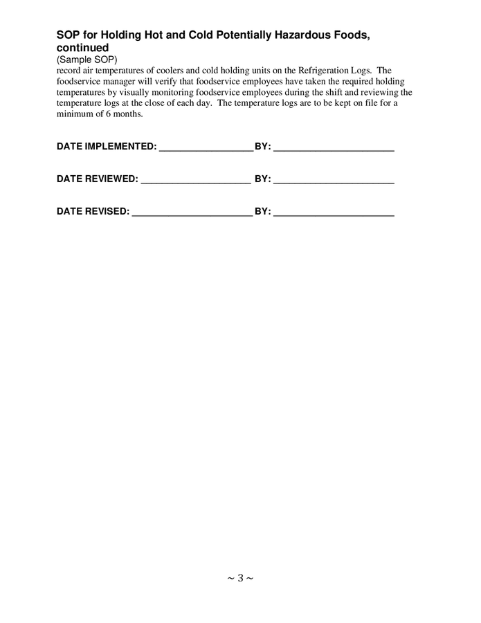 Sop For Holding Hot And Cold Potentially Hazardous Foods In Word And